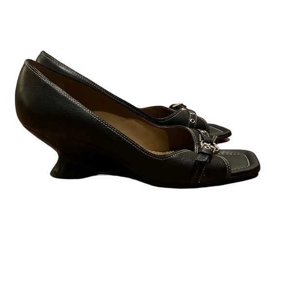 Franco Sarto Peep Toe Wedge Black Leather Heels - Picture 5 of 7